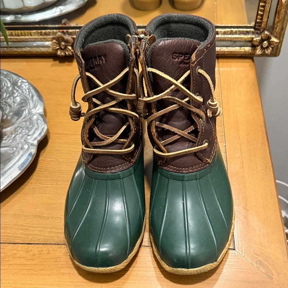 Sperry Forest Green and Leather Chocolate Brown Rain Boots